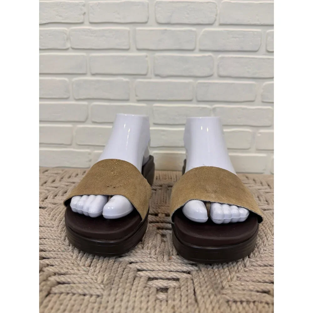 Donald Pliner Metallic Suede Slide Sandals Bronze Platform Size 8, Brown